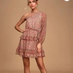 Lush One-Shoulder Floral Dress in Pink and Cream